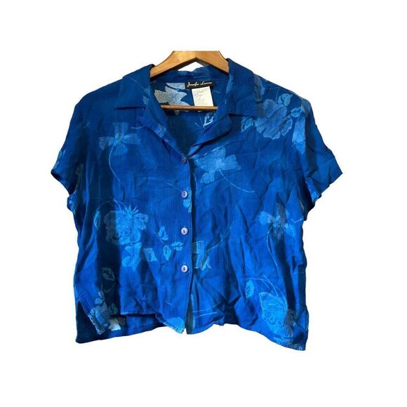 Jennifer Lauren Blue Floral Button Down Short Sleeve Rayon Blouse - Picture 1 of 4